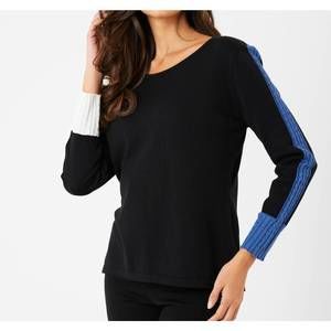 NEW FRENCH KYSS braided sleeve scoop neck top in black/denim